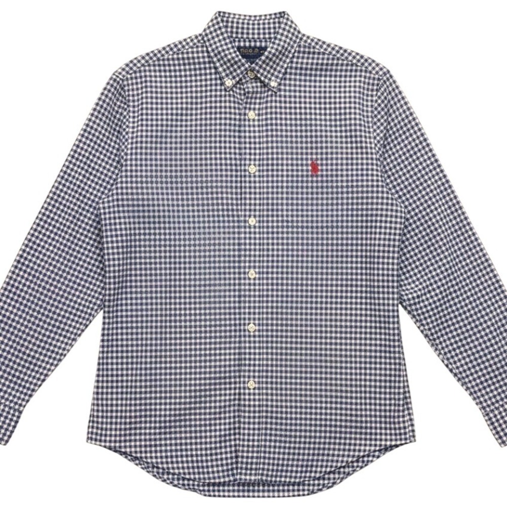 US Polo Assn Long Sleeve Button Down Shirt Blue Tan Gingham Red Logo - Medium